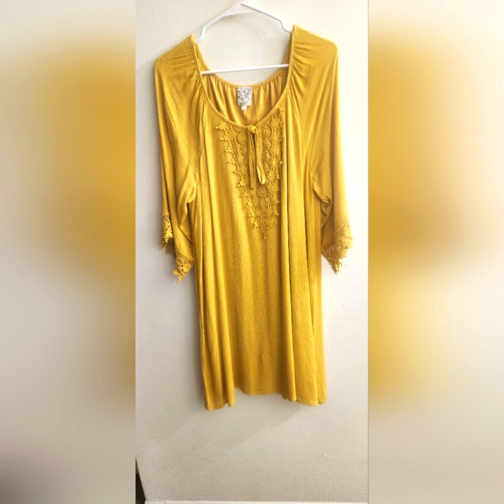 Naif  Mustard Yellow Dress Crochet Lace Trim Embroidered Boho Shift